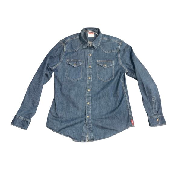 Wrangler Pearl Snap Denim Jean Long Sleeve Shirt Size Large Western Cowboy - Picture 1 of 4
